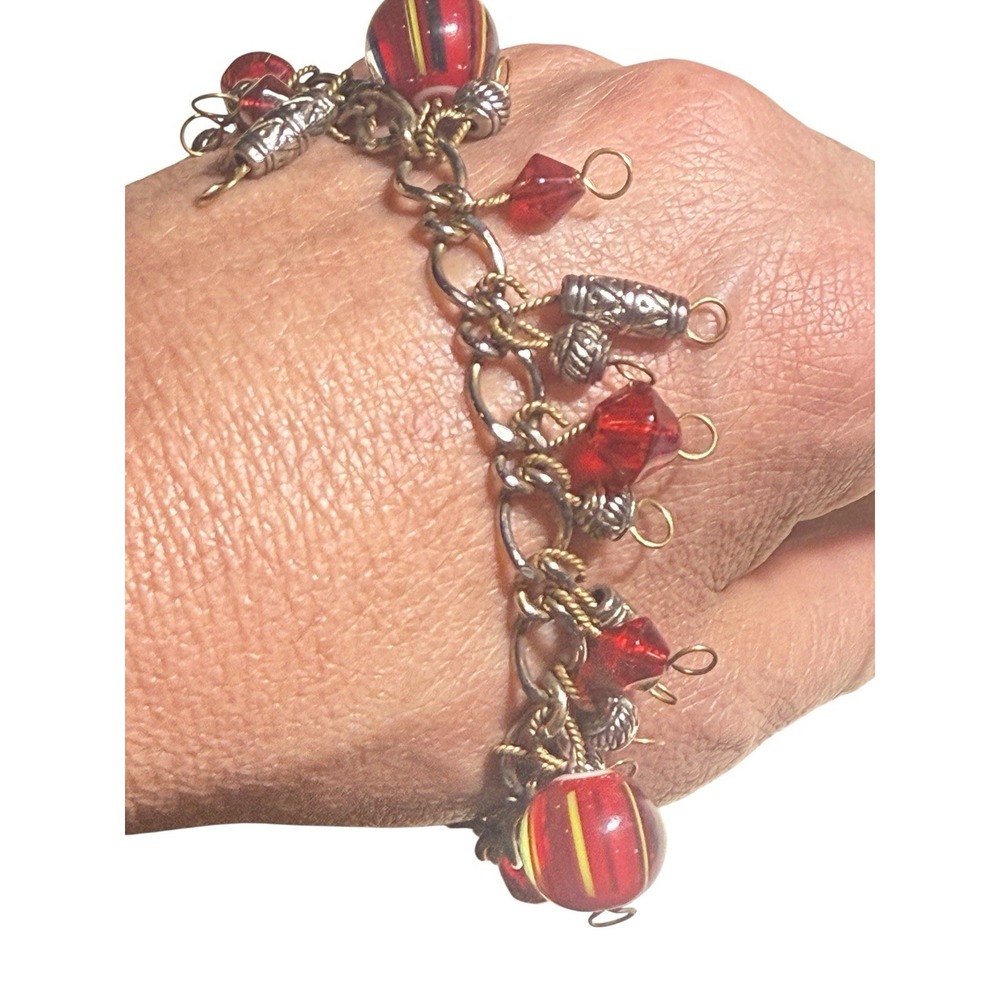 Vtg Red Glass Bead Charm Bracelet Silver Tone Dangle Boho Retro Statement 7"
